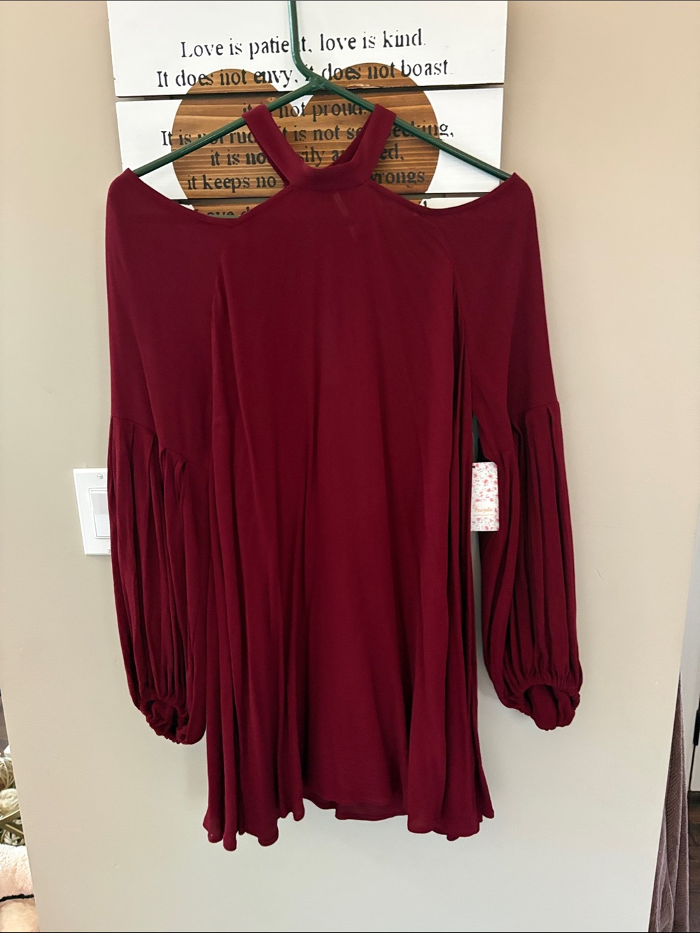 Free People Burgundy Cold-Shoulder Tunic with Balloon Sleeves